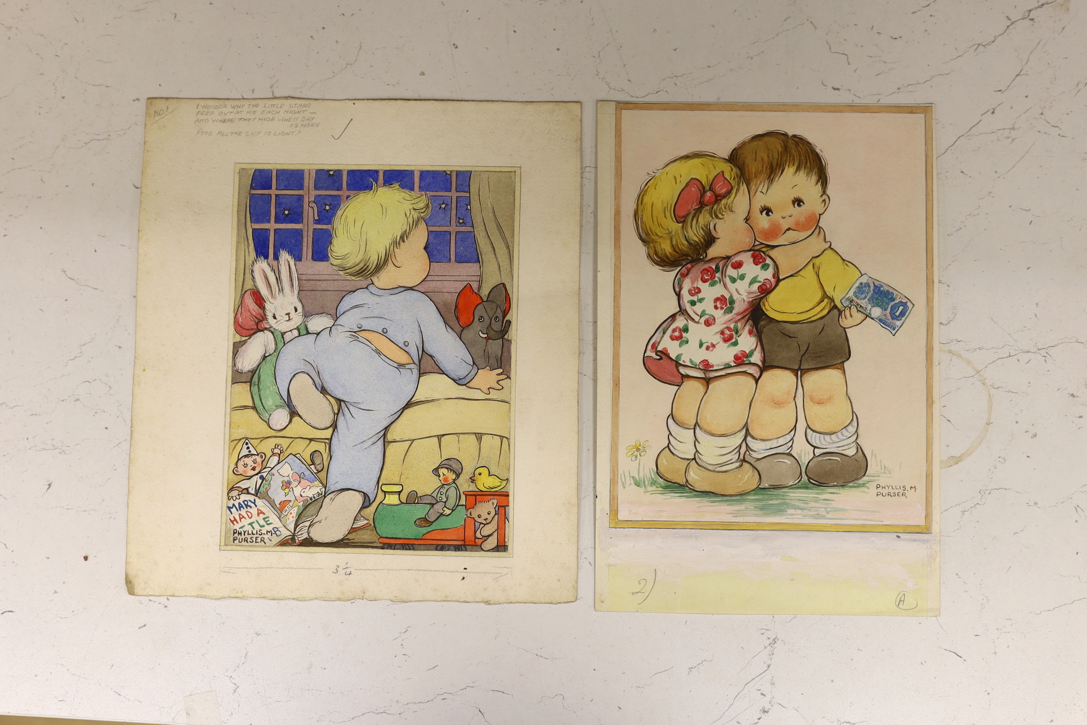 Phyllis Purser (1893-1990), six original watercolours on card for postcard designs, Humourous children, each signed with pencil annotations to the margins, unframed, 30 x 24cm